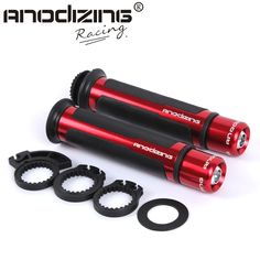 two red bicycle grips with black hardware on the bottom and one has an o - ring