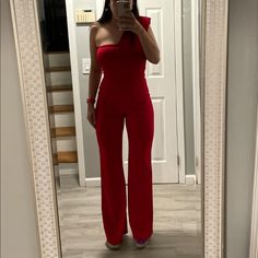 Never Worn, Size 6 Party Overalls With Fitted Stretch, Red Jumpsuits And Rompers For Holiday Night Out, Fitted Pantsuit For Party, Red Holiday Jumpsuits And Rompers For Night Out, Fitted Party Overalls, Fitted Overall Pantsuit For Party, Red Stretch Jumpsuit For Party, Red Fitted Pants For Evening, Evening Fitted Red Pants