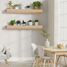 two wooden shelves with plants on them above a dining room table