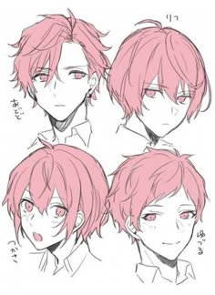 some anime character with pink hair and red eyes, all in different positions to look like they