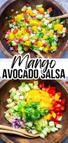 top image: mango avocado salsa in wood bowl with stirring utensils. bottom image: mango avocado salsa in wood bowl with stirring utensils. title text: Mango Avocado Salsa Salsa With Avocado, Gluten Free Veggies, Savory Recipe, Mango Salsa Recipes, Mango Avocado Salsa, Mango Avocado, Salsa Ingredients, Weeknight Dinner Recipes Easy, Party Snack