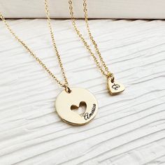 "Personalized Mother and Daughter Necklace Set. Mommy and Me Two Necklaces. Beautiful Mother's Day Gift. Heart Necklace. Child and Mom Jewelry Set. This necklace is the most unique and special gift for your mom. D E T A I L S * Material: Brass * Color: 16K gold plating / Original rhodium plating / Rose gold plating * Big coin size: 17mm, 1.7mm thick * Small heart size : 7x8mm, 2mm thick * Chain length : 17.5\" H O W ∙ T O ∙ O R D E R * Choose the color of material. * Choose the number of small heart necklace. * Leave us a note about your personalization details. Ex) Big coin - The character limit is 15.       Small heart - Only one initial allowed. * If you want specific chain length, leave us your desired length. We are happy to work for your special necklace :) A B O U T ∙ B I J O U X ∙ Heart Charm Necklaces For Birthday And Valentine's Day, Heart Charm Necklaces For Valentine's Day Birthday, Heart Charm Necklace For Birthday And Valentine's Day, Heart Charm Necklaces For Birthday On Valentine's Day, Mother's Day Heart-shaped Name Charm Necklaces, Mother's Day Heart Charm Necklace For Personalized Gift, Everyday Heart Necklace For Mother's Day, Everyday Round Heart Necklace For Mother's Day, Mother's Day Heart Charm Round Pendant Necklace