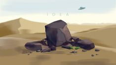 a rock in the middle of a desert with rocks scattered around it and an object flying overhead