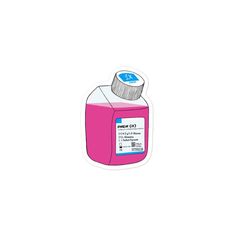 a pink bottle with a blue cap on it's top and label in the bottom