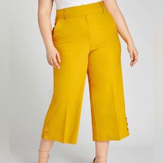 Nwt Power Pockets High-Rise Modern Stretch Wide Leg Crop With Button Hem Size: 22 Color: Tropical Yellow Our High-Rise Pants Features A No-Gap Waist Construction With Slimming Power Pockets To Secretly Smooth Your Tummy. These Crisp Crops Feature A Super-Flattering Wide-Leg Silhouette That Offers A Polished Style You Can Wear Year-Round. Matching Buttons Embellish The Side Hem For A Chic Style Bonus. Belt Loops. Four Pockets. Zip Fly. Double Bar & Slide Closure With Inner Button. Leg Shape: Wide Summer Office Bottoms With Buttons, Summer Office Bottoms With Button Closure, Elegant Workwear Bottoms With Buttoned Pockets, Elegant Bottoms With Buttoned Pockets For Work, Stock Clearance, Jumpsuit Trousers, High Rise Pants, Lane Bryant, Chic Style