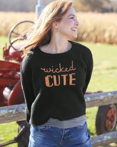 This incredibly soft and breathable knit features the phrase "wicked CUTE" on the center front. Details include a warm, cozy ribbed crewneck and cuff. Super versatile and destined to become a fall favorite, it's the perfect top to rock the spirit of the season! Composition: 76% acrylic, 12% Mohair and 12% Wool Extra Yarn, Boyfriend Cardigan, Wooden Ship, Fall Favorites, Chunky Sweater, Black Sweaters, Wicked, Georgia, Sweaters For Women