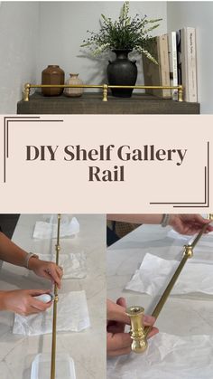 DIY Shelf Gallery Rail Diy Wall Ledge Shelf, Brass Gallery Rail Shelf Kitchen, Shelves With Railings, Shelf Guard Rail, Brass Rails For Shelves, Brass Kitchen Shelves, Floating Shelf With Rail, Diy Shelf Guard Rail, Brass Shelf Railing