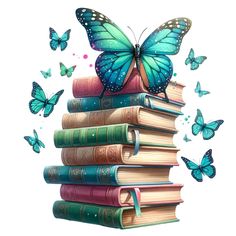 a stack of books with butterflies flying over them