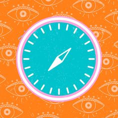 a clock with an arrow in the center surrounded by many eyeballs and stars on orange background