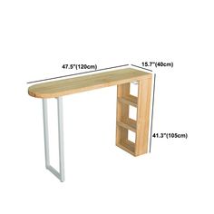 a wooden desk with white legs and a shelf on the side, measurements for it