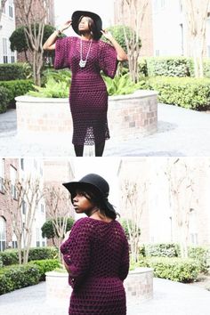 a woman wearing a purple crochet dress and hat with her hands on her hips