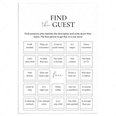 Icebreaker Bingo Find The Guest Printable by LittleSizzle Engagement Party Bingo, Wedding Table Icebreakers, Icebreaker Bingo, Wedding Anniversary Party Games, Mingle Bingo, Find The Guest Game, Western Disco, Birthday Bingo, Find The Guest Bingo