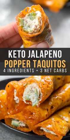 keto jalapeno popper taquitos on a black plate with text overlay