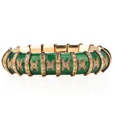 Be amazed by this vintage 1930's green Enamel 18K Yellow Gold flexible snake Bracelet. The green Paillonne enamel shine with every movement.Elegant Hand-carved engraving of the gold detailing enhances this bracelet’s eye-catching effect. For security, this 79.2-gram bracelet has two two safety clasp for securing.Measurements: 17 mm width X 7.0 InchesWeight: 98.2 GramsClasp: Insert ClaspCondition: ExcellentAccompanied by an official appraisal document. Luxury Yellow Gold Enamel Bangle, Luxury Green Enamel Jewelry, Green Enamel Bangle, Snake Green, Two Two, 18k Gold Bracelet, Diamond Weave, Yellow Gold Wedding Band, Gold Armband