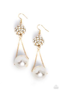 An oversized lustrous white pearl is suspended from two dainty gold chains that delicately sway from an airy gold sphere, adorned in sparkling white gems for a classy dance of elegance at the ear. Earring attaches to a standard fishhook fitting.

 Sold as one pair of earrings. Gold Sphere, White Gemstones, Gold Pearl Earrings, Pearl Earrings Dangle, Colourful Necklace, Paparazzi Jewelry, Pink Bracelet, Brass Earrings, Center Stage