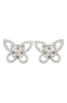 Cubic zirconia stones sparkle along unique cutout details that create a sterling silver butterfly stud earring that is sure to dazzle. Post back Sterling silver/cubic zirconia Imported Butterfly-shaped Cubic Zirconia Earrings For Formal Occasions, Butterfly Cubic Zirconia Earrings For Formal Occasions, Butterfly Cubic Zirconia Earrings For Formal Events, Formal Butterfly Cubic Zirconia Earrings, Formal Butterfly-shaped Cubic Zirconia Earrings, Butterfly Cubic Zirconia Wedding Earrings, Wedding Butterfly Cubic Zirconia Earrings, Silver Butterfly Fine Jewelry Earrings, Silver Butterfly Earrings Fine Jewelry