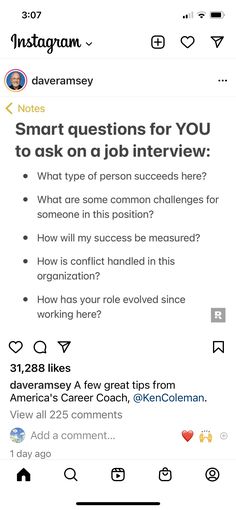 an instagram with the text smart questions for you to ask on a job interview