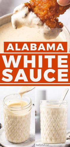 a person dipping something into a bowl with sauce in it and the words, alabama white sauce