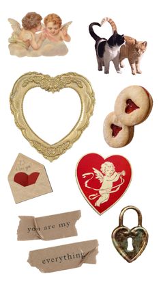 an assortment of valentine's day magnets with hearts, angel and cupid