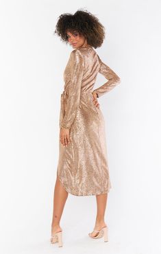 Sparkle in this neutral wrap midi dress! The top is fixed, adding extra security, leaving you the ability to tie the sparkly skirt how you please. Sparkly Skirt, Nude Dress, Gold Wrap, Tanya Taylor, Midi Wrap Dress, Denim Outerwear, Wrap Midi Dress, Face Hair, Model Fits