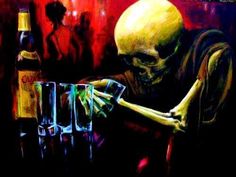 a painting of a skeleton sitting at a bar