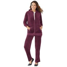 Woman Within Women's Plus Size 2-Piece Velour Hoodie Set Sweatsuit.A matching tracksuit is a must-have for laid-back days, and this plush velour set is so comfy. A classic zip-front hoodie with kangaroo pockets is teamed with straight-leg pants for a cute and coordinated look. An elastic waistband and side pockets on the sweatpants are easy and comfortable. This super cute set makes running errands that much easier  throw on and go. Average: Top: 29" length; pant: 29" inseamPetite: Top: 27" leng Matching Tracksuit, Jogging Suits, Plus Size Petite, Velour Hoodie, Target Clothes, Calvin Klein Red, Hoodie Set, Sweatshirt Set, Woman Within