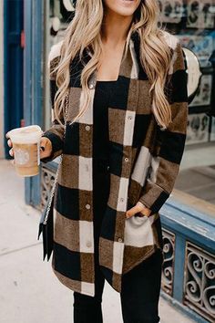 Plaid Print Coat, Plaid Shirt Women, Spring Blouses, Straight Clothes, Plaid Shirts, Plaid Coat, Mini Robes, Long Sleeve Plaid Shirt, Print Coat