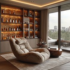 a living room filled with furniture and lots of shelves full of bottles on the wall