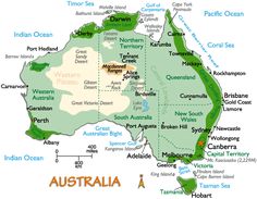 a map of australia with all the major cities and their capital on it's side