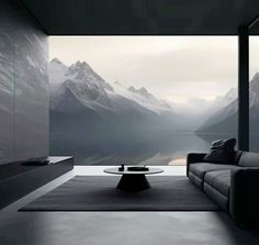 a living room with mountains in the background