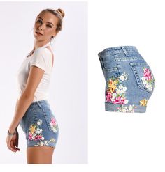 F00036588-114 Floral Denim Shorts, Estilo Hipster, Style Bleu, Embroidered Denim Shorts, Solid Color Jumpsuits, Stretch Denim Shorts, Denim Patterns, Summer Jeans, Floral Denim