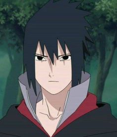 an anime character with black hair wearing a red and grey hoodie in front of trees