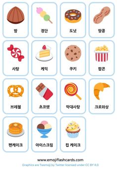 an english and korean language poster with different food items in the same square shape, including donuts, cookies, cake, lollipops, candy, ice cream, and more