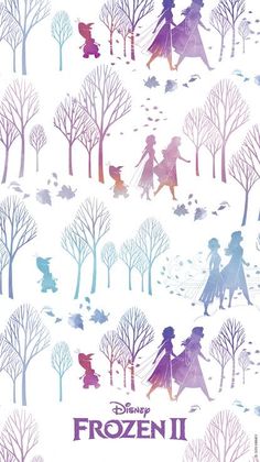 the poster for disney's frozen 2 is shown in purple and blue, with silhouettes of people walking through trees