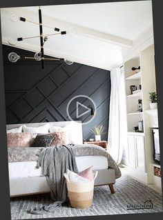 the bedroom is decorated in black and white with an interesting accent wall behind the bed