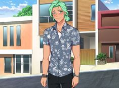 a man with green hair standing in front of a building