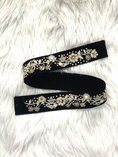 BLACK VELVET BELT WITH ZARDOSI, MOTI AND MIRROR HANDWORK WIDTH: 2" Luxury Embroidered Belt For Festivals, Luxury Handmade Traditional Belts, Mirar Work Design Belt, Fabric Belt Design, Belt Work Design, Black Embroidered Adjustable Belt, Adjustable Black Embroidered Belt, Fitted Black Belts With Sashes, Adjustable Formal Sash Belt