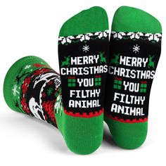 Step up your holiday sock game with these funny Christmas sweater style socks! These festive socks boast a classic Nordic sweater-style knit pattern featuring Christmas trees, presents, and a cheeky surprise if you look closely! On the bottoms, you'll find a saying that'll light up any Christmas movie buff: "Merry Christmas You Filthy Animal"! Looking for a fun stocking stuffer? These socks are the perfect gift for anyone with a great sense of humor. They'll love sporting them all season long - Fun Christmas Gift Socks, Novelty Winter Socks For Gift, Novelty Winter Socks As Gift, Novelty Winter Socks For Gifts, Novelty Socks For Winter Gift, Novelty Christmas Gift Socks, Green Novelty Socks For Winter, Sweet But Twisted, Funny Stocking Stuffers