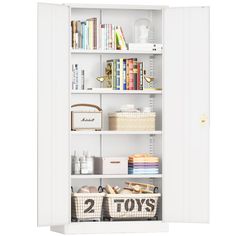 a white bookcase with two toys and baskets