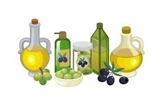 olives, olive oil and bottles of olive oil are arranged on a white background