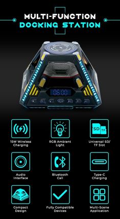 the back side of a futuristic looking device with various icons and symbols on it, including an alarm clock