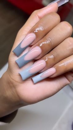 Different Shades Of Grey Nails, Grey French Tip Nails Coffin, Shades Of Grey Nails Acrylic, Grey And Pink French Tip Nails, Pink And Gray French Tip Nails, Gray Nails French Tips, Grey French Tips Nails, Light Grey Acrylic Nails Designs, Grey And White French Tip Nails