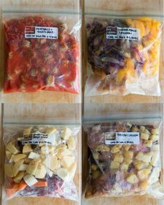 four bags filled with different types of food