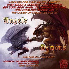 Angels vs Demons Party invitation for Chaos RPG Island Angels And Demons Party, Angels Vs Demons, Vs Angels, Angels And Demons, Party Ideas, Comic Book Cover