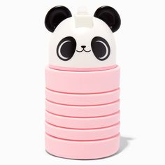 a stack of pink cups with a panda face on it's top and black ears