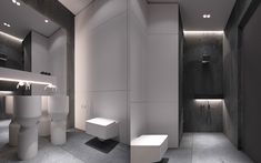 a modern bathroom with white fixtures and black walls, along with floor to ceiling lighting