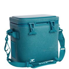 a blue cooler bag sitting on top of a white background