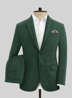 StudioSuits- Campari Green Mile Linen Suit Classic Linen Suits For Workwear, Single Button Linen Suits For Office, Classic Dark Green Semi-formal Suits, Elegant Tailored Dark Green Blazer, Classic Fitted Dark Green Blazer, Fitted Classic Dark Green Blazer, Classic Dark Green Business Suit, Elegant Green Blazer For Business Casual, Classic Linen Suits For Office