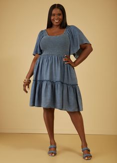 Our easygoing babydoll dress is designed in airy chambray with a flexible shirred bodice and flirty tiered skirt. Babydoll Dress Plus Size, Babydoll Dress Pattern, Trendy Summer Dress, Plus Size Spring Dresses, Plus Size Summer Dress, Trendy Dresses Summer, Plus Size Trendy, Plus Size Summer Dresses, Plus Size Spring