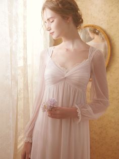 This price is for a nightgown only, others are not included.   	 		 			Size 			XS 			S 			M 			L 			XL 		 		 			Full Length 			115 			118 			121 			124 			124 		 		 			Shoulders 			34 			35 			36 			37 			38 		 		 			Neck Circumference 			58 			60 			62 			64 			66 		 		 			Bust 			80 			84 			88 			92 			96 		 		 			Sleeve Length 			58.4 			59.7 			61 			62.3 			63.6 		 		 			Hem Circumference 			150 			154 			158 			162 			166 Sheer V-neck Sleepwear For Sleepovers, Feminine Spring Nightgown, Fitted Coquette Nightgown For Wedding Night, Feminine Long Sleeve Sleepwear For Bedtime, Fitted Sheer Nightgown For Sleep, Coquette V-neck Nightgown For Bedtime, Feminine Sheer Sleepwear For Bedtime, Pink Long Sleeve Nightgown For Nighttime, Fitted Feminine Long Sleeve Sleepwear